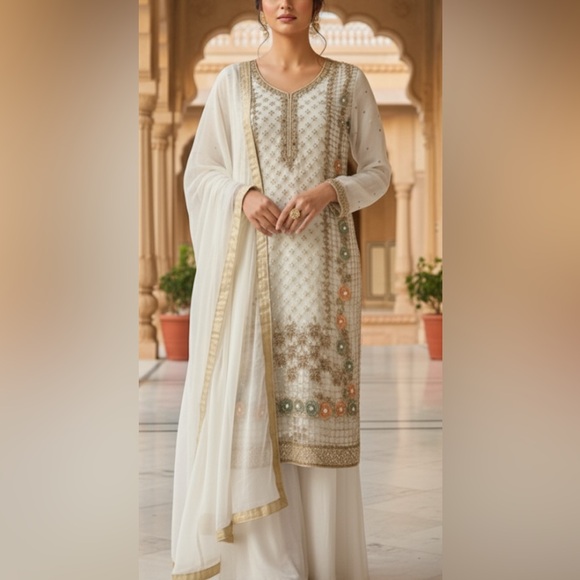 Pakistani Custom-Made Ivory & Gold Embroidered 2-Piece Suit – Size S - Picture 1 of 12